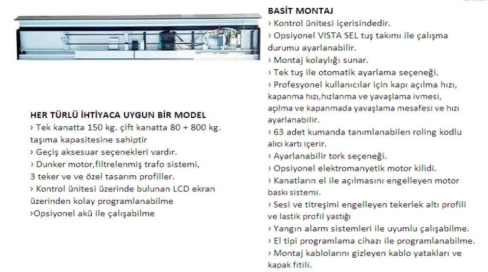 Bft Vista SL C Fotoselli Otomatik Kapı teknik özellikleri