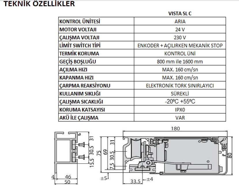 Bft Vista SL C Fotoselli Otomatik Kapı teknik özellikleri