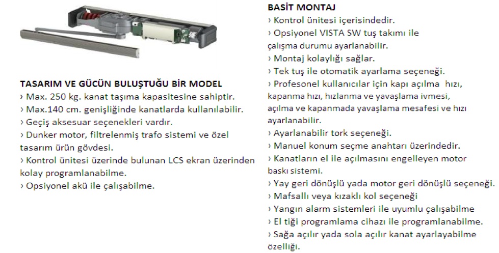 Bft Vista SW Fotoselli Otomatik Kapı teknik özellikleri