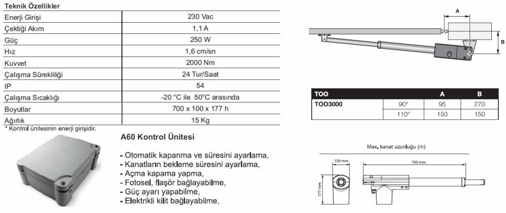 Nice Too 3000 Dairesel Kanatlı Kapı Motoru teknik özellikleri